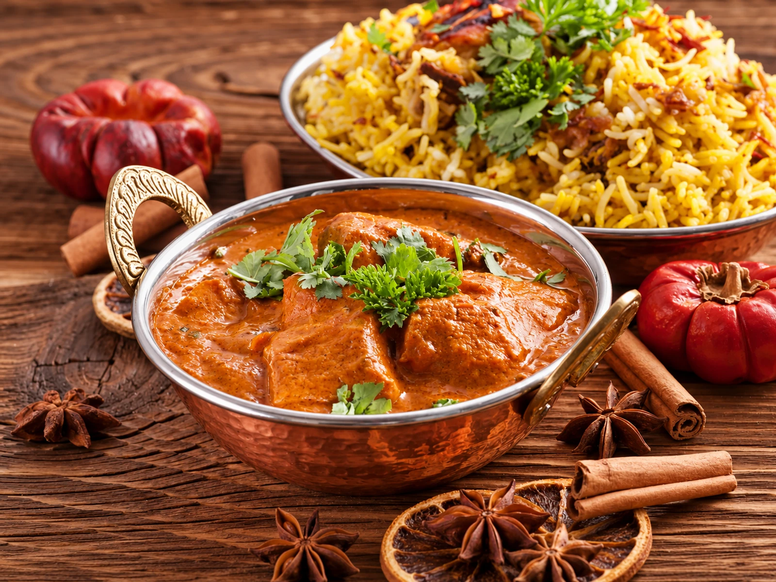 Curry and rice served in copper bowls with fragrant spices