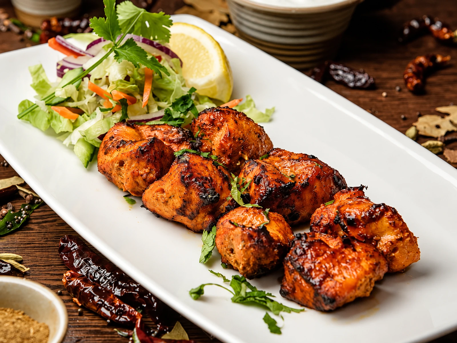 Chargrilled chicken tikka with salad and lemon
