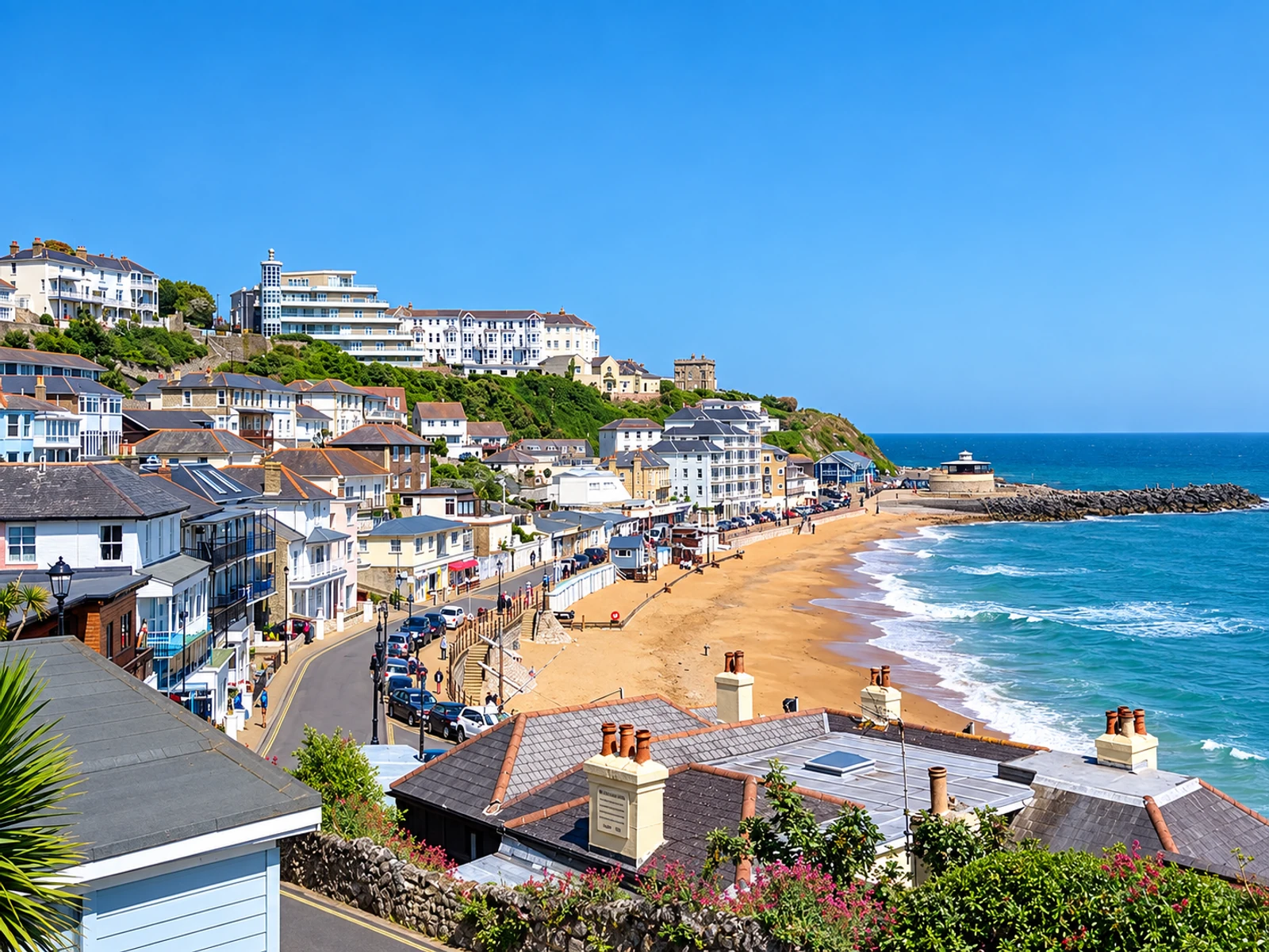 Ventnor’s beach, seaside buildings and blue sea on the Isle of Wight